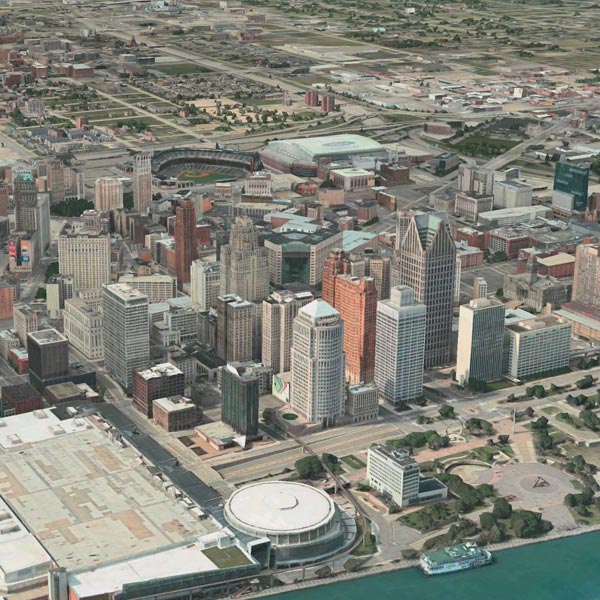 An arial view of Detroit, Michigan